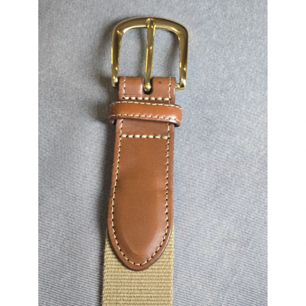 VTG Torino Belt Mens 34 Khaki Canvas Web Brown Leather Brass Buckle Casual 6832